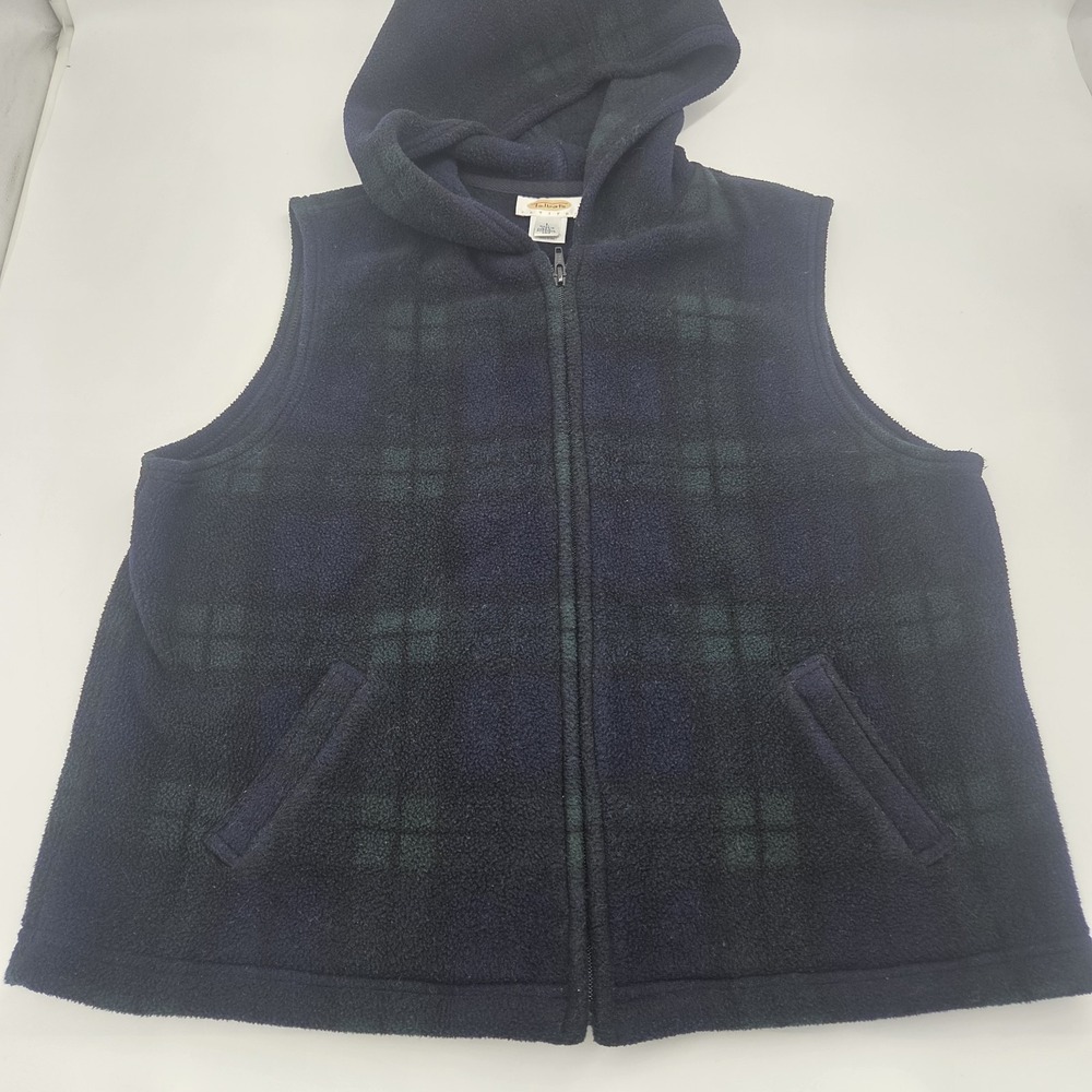Talbots Petites Hooded Vest L Full Zip Navy Blue Plaid Hood Flannel Nordic